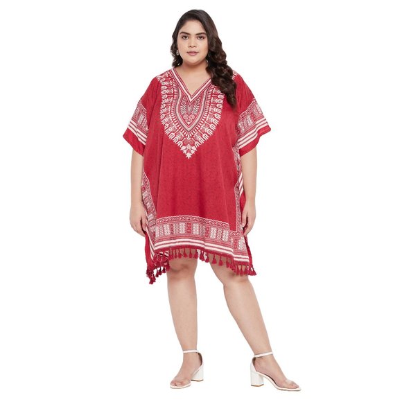 Dashiki Printed Red Polyester Short Caftan Tunic Dress for Women by Gypsie Blu - Picture 2 of 8